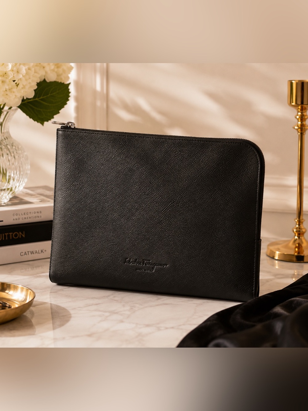 Salvatore Ferragamo Black Textured Zip Pouch Travel Document Clutch Italy